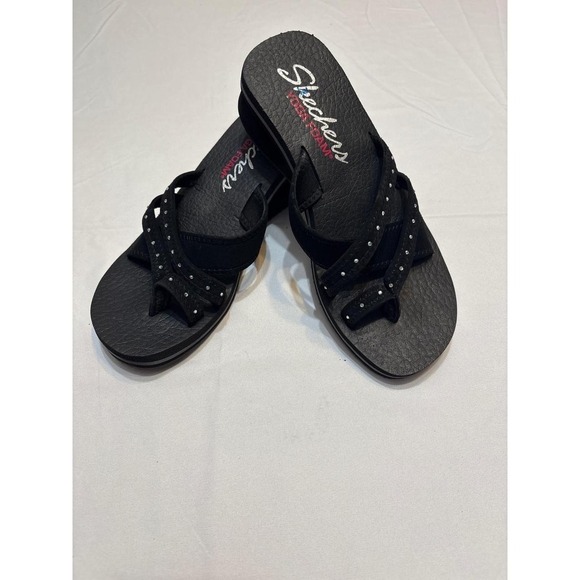 Shoes - Skechers Yoga Foam Black Rhinestone Wedge Flip Flops Sandals 31744 Womens 8